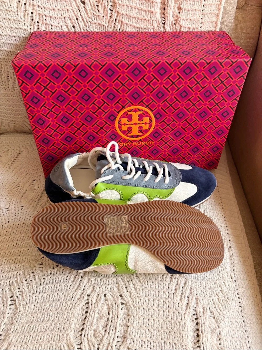 Tory Burch Navy, White & Green Leather Sneakers